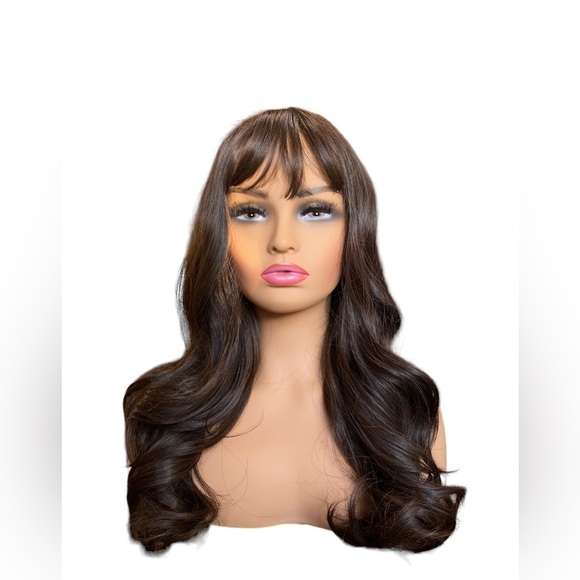 Chocolate Brown Wavy Long Wig With Bangs - Picture 1 of 8